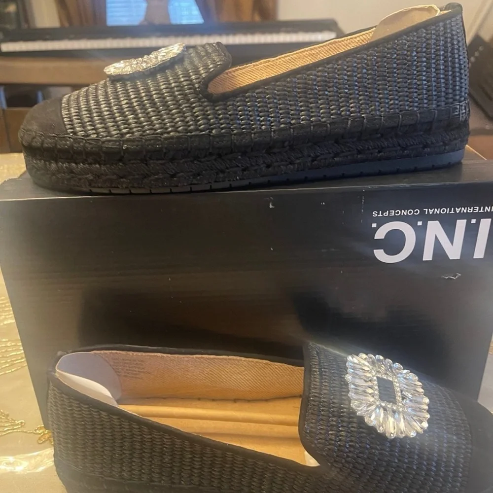 INC International Concepts Black Espadrille Loafers with Silver Accent Brooch